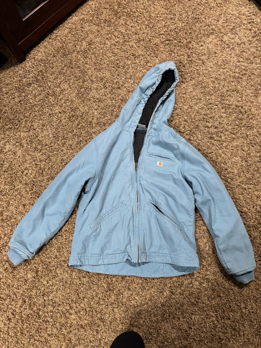 Carhartt Light Blue Canvas Hooded Jacket with Black Sherpa Lining